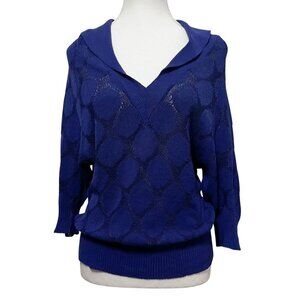 DRIES VAN NOTEN DEEP BLUE DOTTED SHEER KNIT V-NECK HALF SLEEVE PULLOVER - S